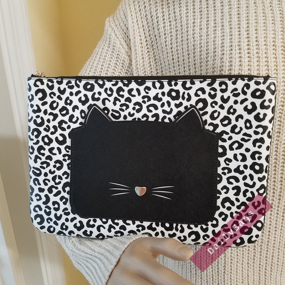 NWT KATE SPADE LARGE ZIP POUCH MEOW MULTI BLACK WHITE LEOPARD DOTS WLR00592